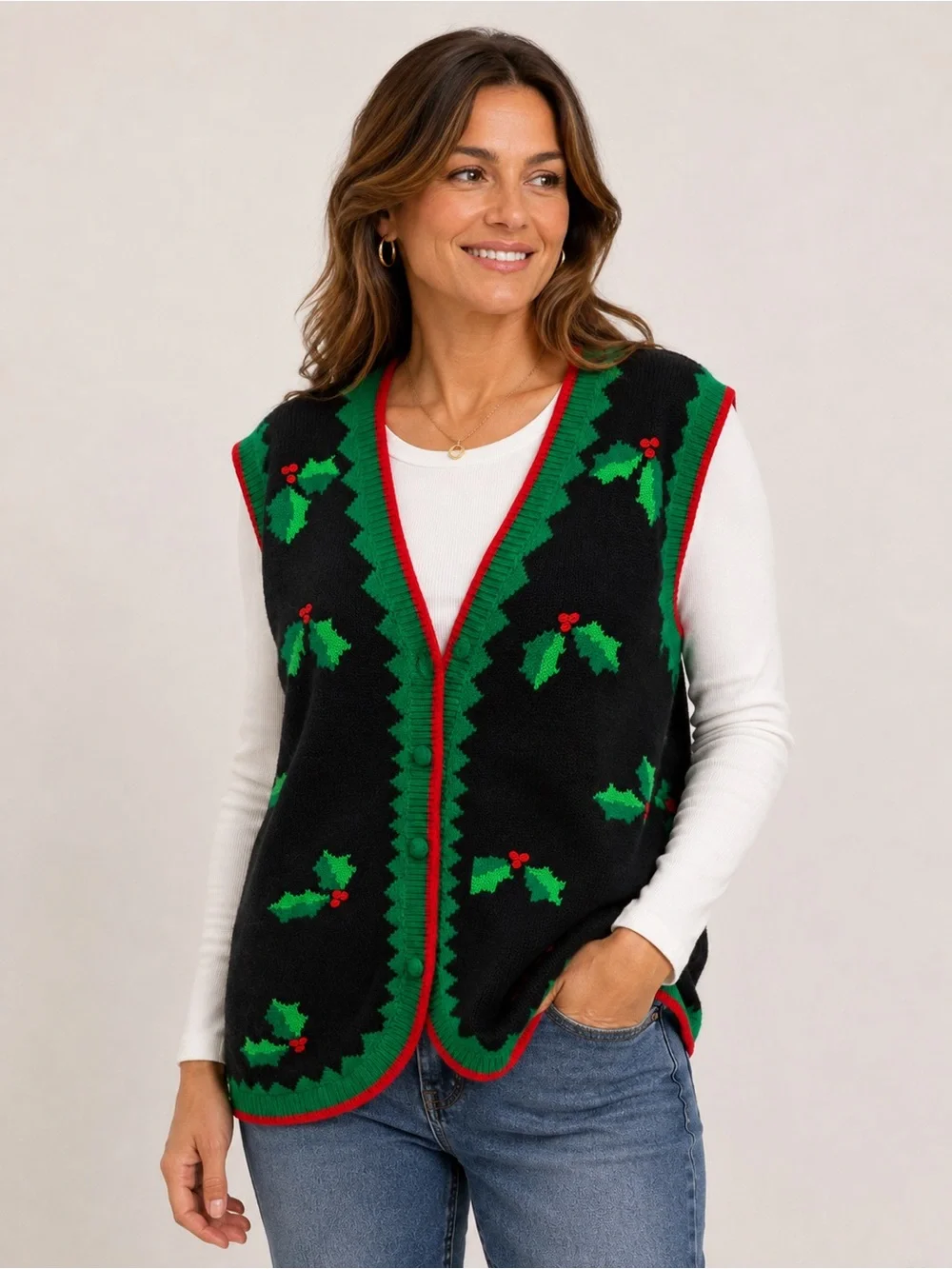Vintage Bechamel Christmas Holly Sweater Vest Size 1X Black Red Green
